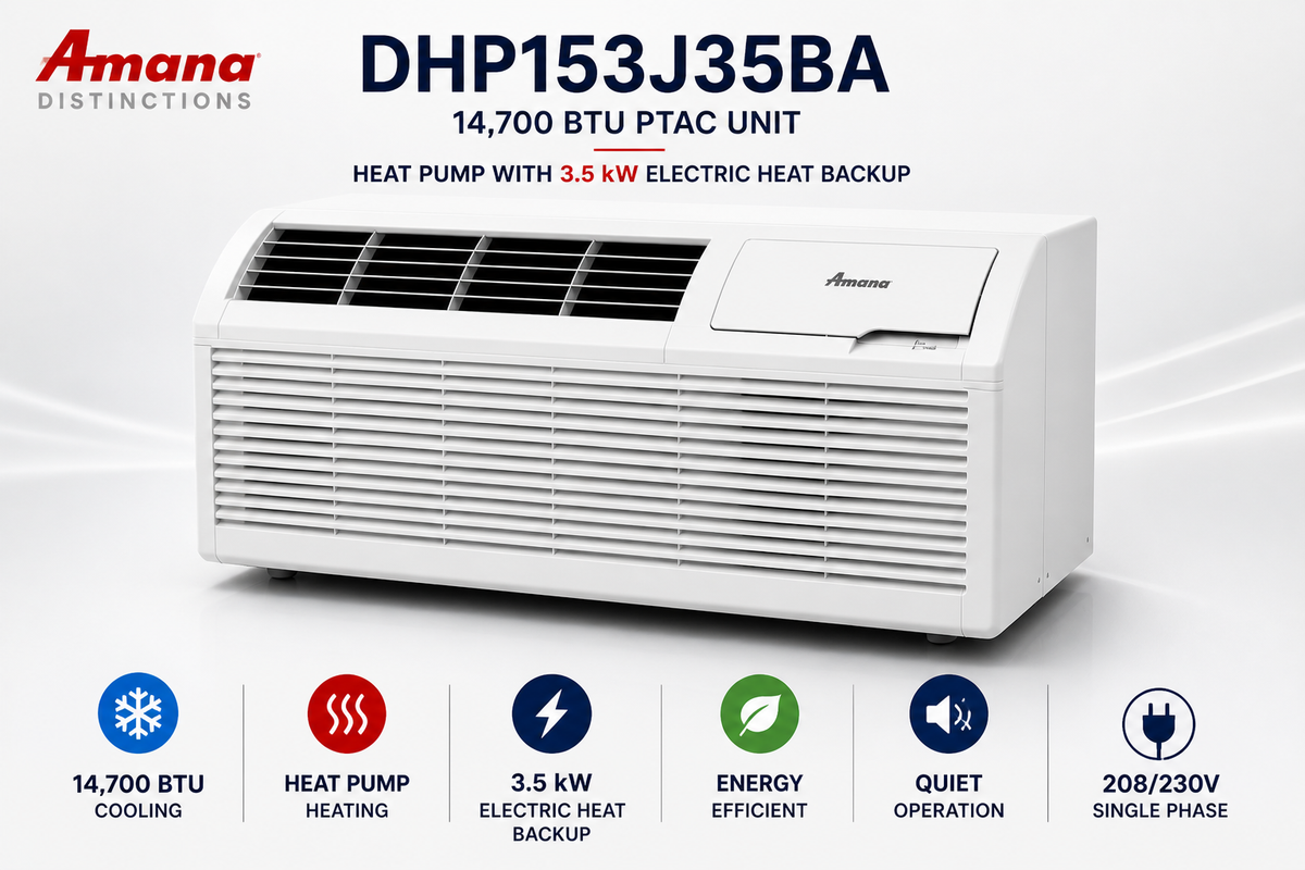 Amana DHP153J35BA 14700 BTU 230V PTAC Heat Pump Unit with 3.5kW Electric Heat Backup (Distinctions Series)