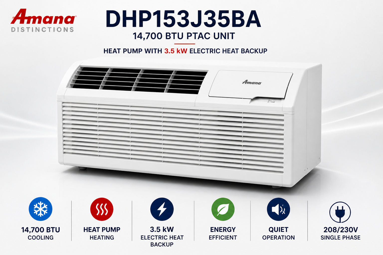 Amana DHP153J35BA 14700 BTU 230V PTAC Heat Pump Unit with 3.5kW Electric Heat Backup (Distinctions Series)
