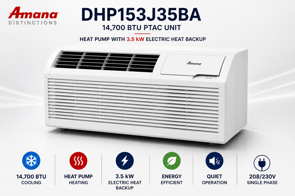 Amana DHP153J35BA 14700 BTU 230V PTAC Heat Pump Unit with 3.5kW Electric Heat Backup (Distinctions Series)