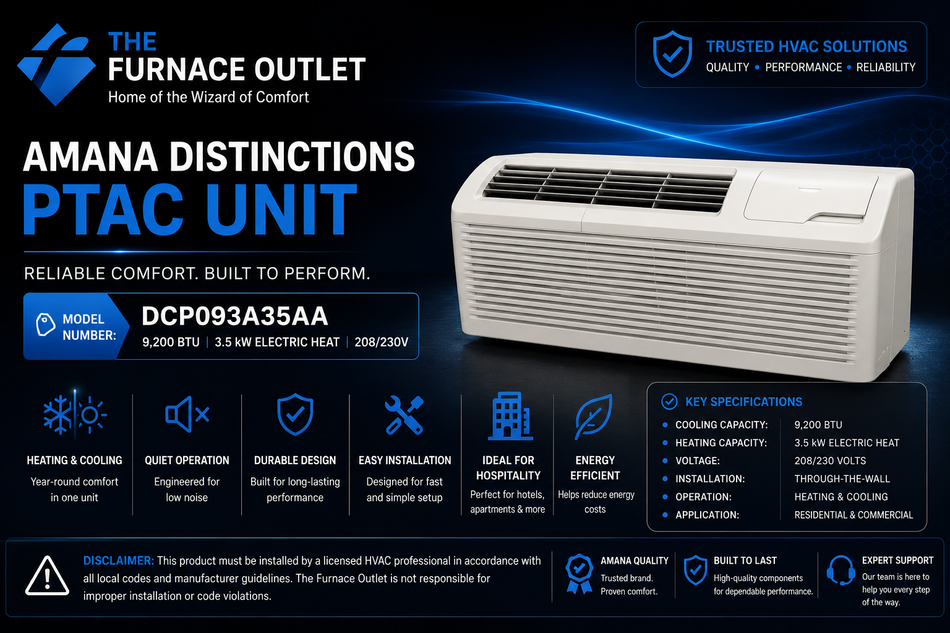 Amana Distinctions DCP093A35AA 9,200 BTU 208/230 Volt PTAC Unit with 3.5 kW Electric Heat for Efficient Room Heating & Cooling