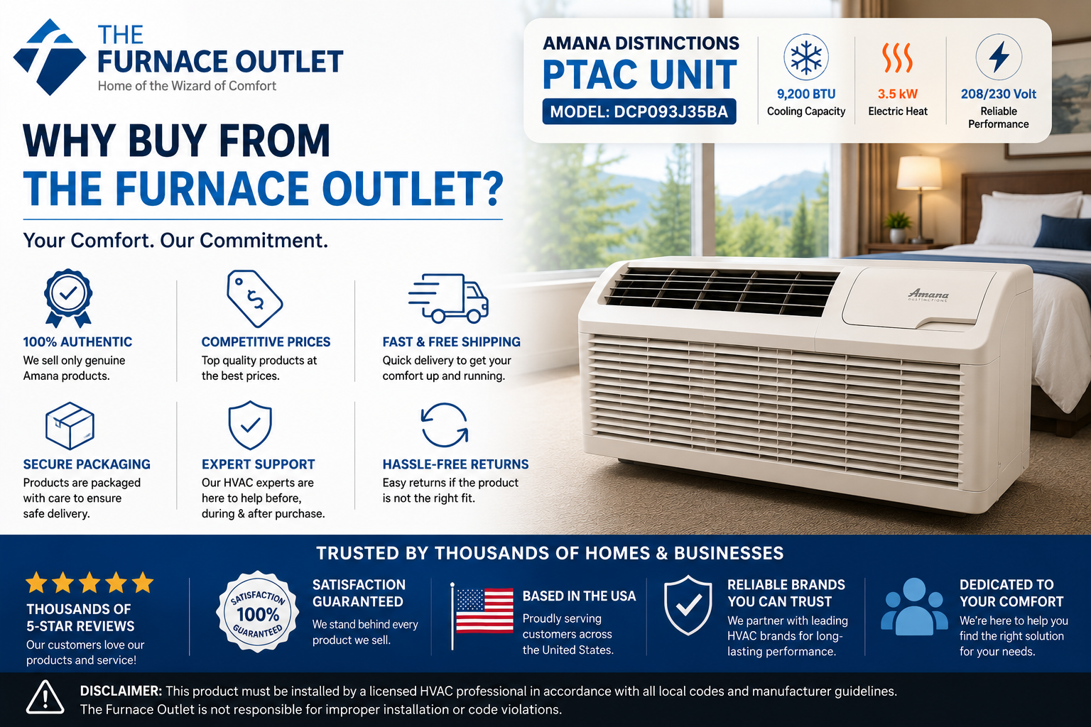 Amana Distinctions DCP093J35BA 9,200 BTU 208/230 Volt PTAC Unit with 3.5 kW Electric Heat for Efficient Room Heating & Cooling