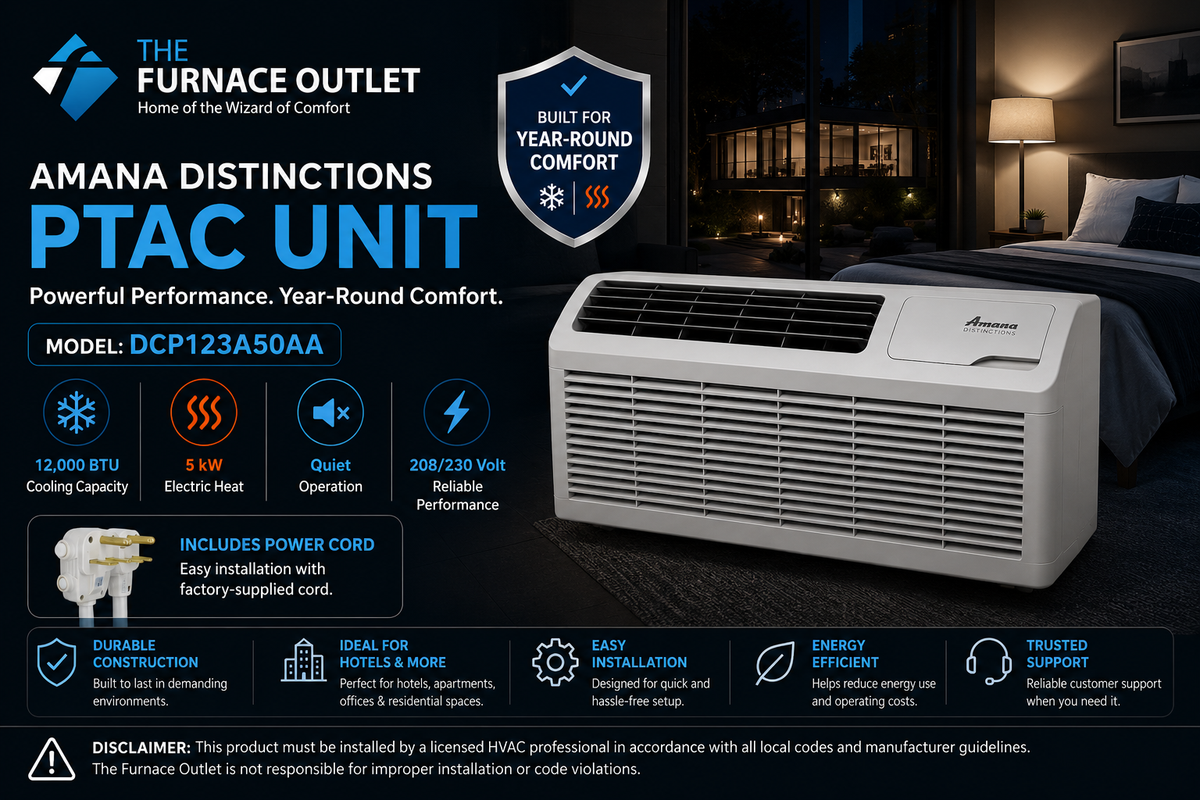 Amana Distinctions DCP123A50AA 12,000 BTU 208/230 Volt PTAC Unit with 5 kW Electric Heat for Efficient Room Heating & Cooling
