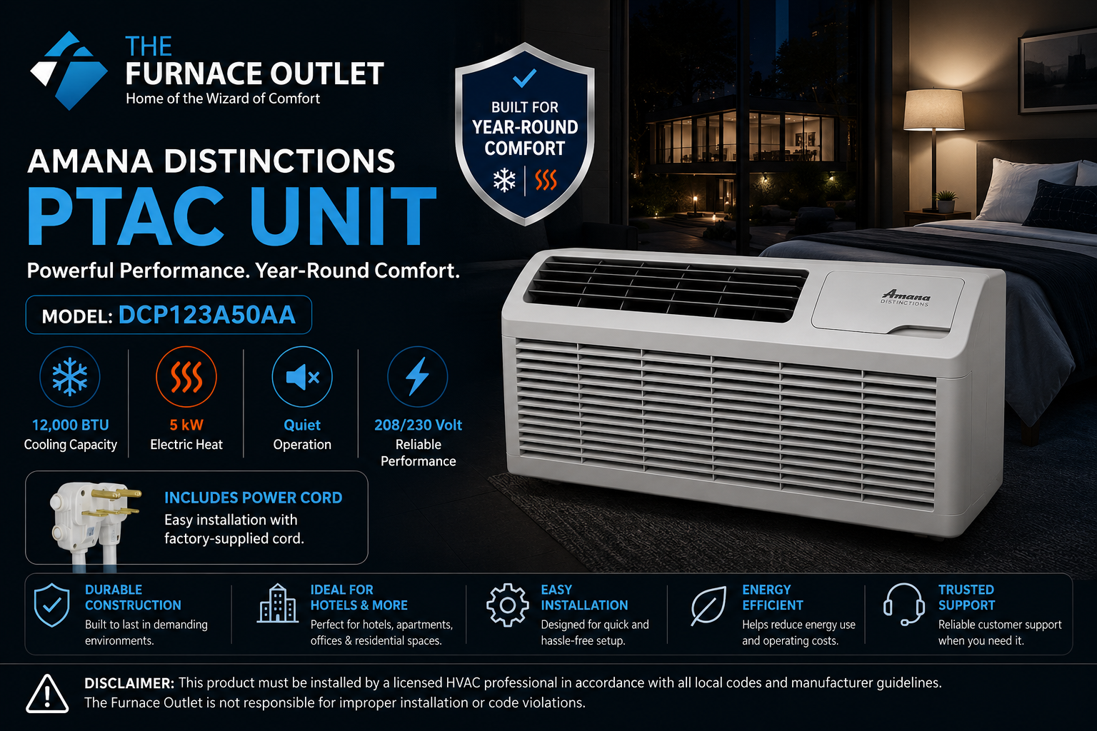 Amana Distinctions DCP123A50AA 12,000 BTU 208/230 Volt PTAC Unit with 5 kW Electric Heat for Efficient Room Heating & Cooling