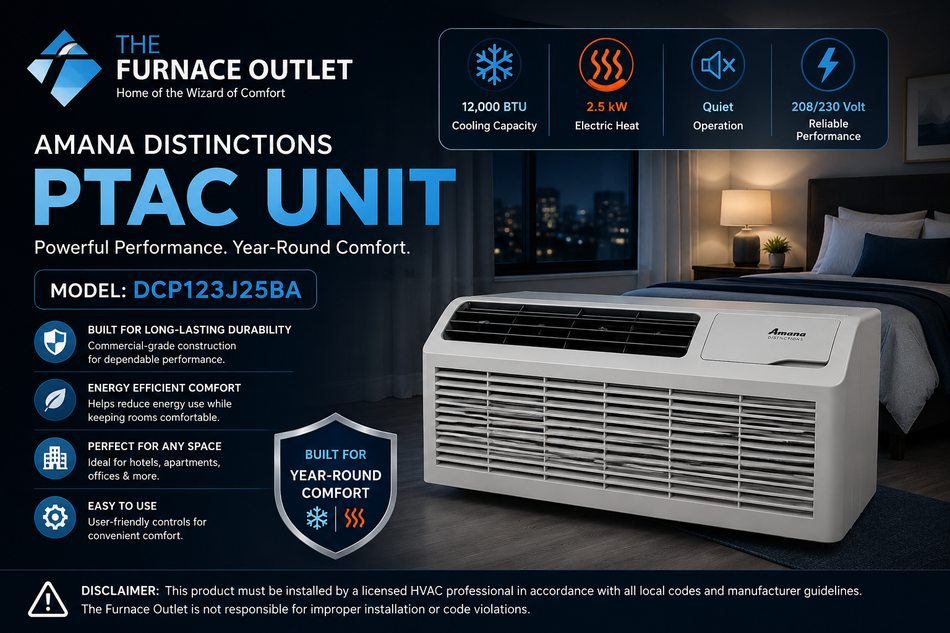 Amana Distinctions DCP123J25BA 12,000 BTU 208/230 Volt PTAC Unit with 2.5 kW Electric Heat for Efficient Room Heating & Cooling