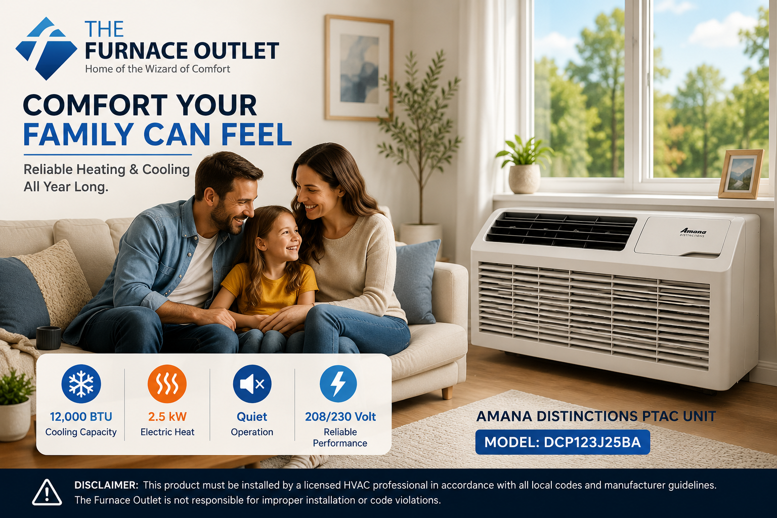Amana Distinctions DCP123J25BA 12,000 BTU 208/230 Volt PTAC Unit with 2.5 kW Electric Heat for Efficient Room Heating & Cooling