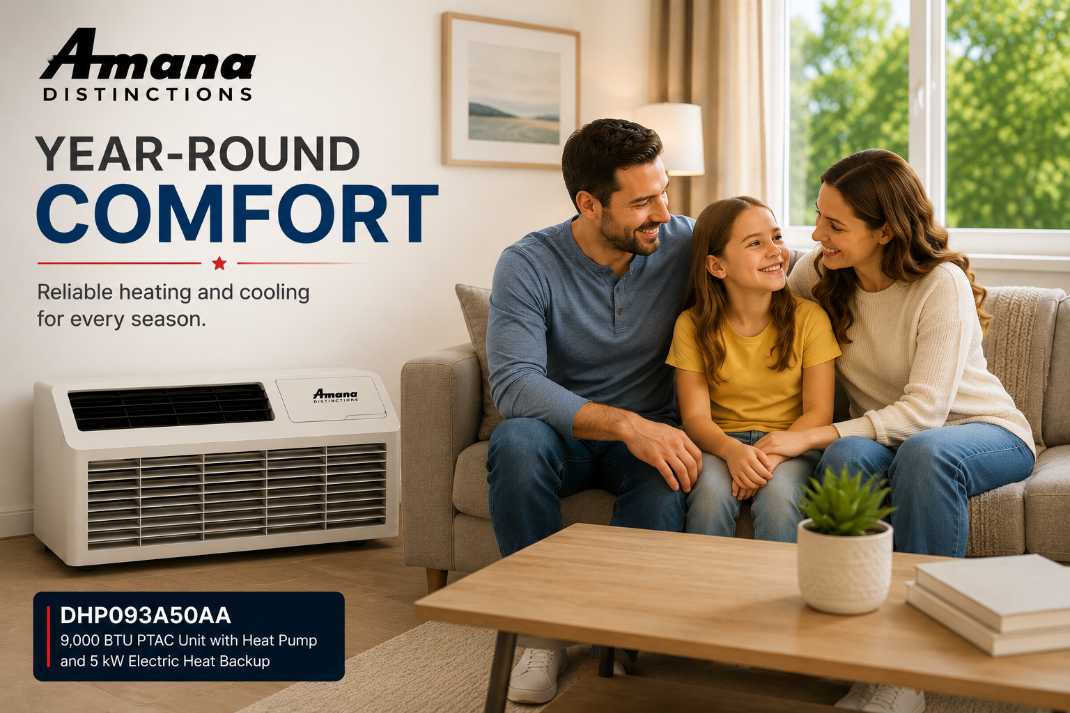 Amana Distinctions DHP093A50AA 9,000 BTU 208/230 Volt PTAC Unit with Heat Pump and 5 kW Electric Heat Backup for Year-Round Heating & Cooling