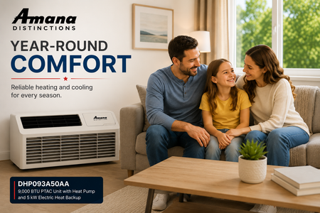 Amana Distinctions DHP093A50AA 9,000 BTU 208/230 Volt PTAC Unit with Heat Pump and 5 kW Electric Heat Backup for Year-Round Heating & Cooling
