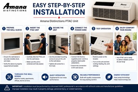 Amana Distinctions DHP093A50AA 9,000 BTU 208/230 Volt PTAC Unit with Heat Pump and 5 kW Electric Heat Backup for Year-Round Heating & Cooling
