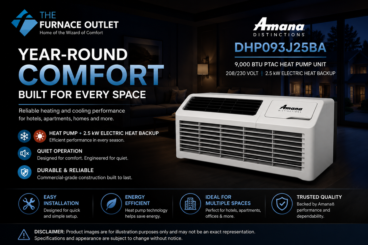 Amana Distinctions DHP093J25BA 9,000 BTU 208/230 Volt PTAC Heat Pump Unit with 2.5 kW Electric Heat Backup for Year-Round Heating & Cooling