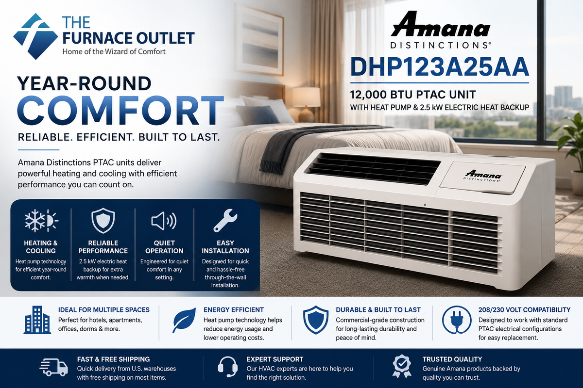 Amana Distinctions DHP123A25AA 12,000 BTU 208/230 Volt PTAC Unit with Heat Pump and 2.5 kW Electric Heat Backup for Year-Round Heating & Cooling