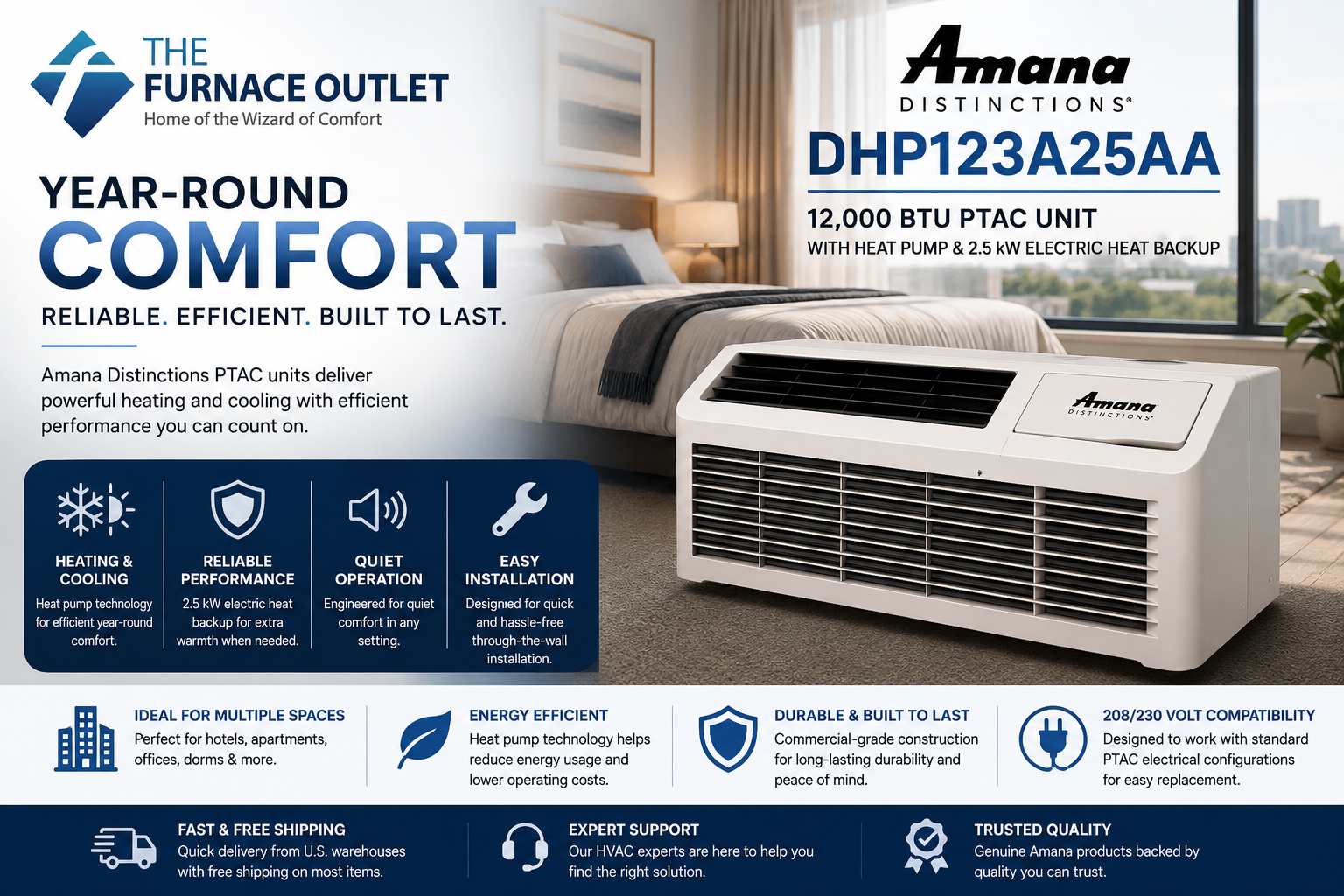 Amana Distinctions DHP123A25AA 12,000 BTU 208/230 Volt PTAC Unit with Heat Pump and 2.5 kW Electric Heat Backup for Year-Round Heating & Cooling