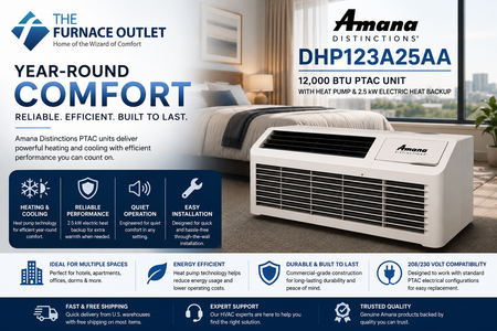 Amana Distinctions DHP123A25AA 12,000 BTU 208/230 Volt PTAC Unit with Heat Pump and 2.5 kW Electric Heat Backup for Year-Round Heating & Cooling