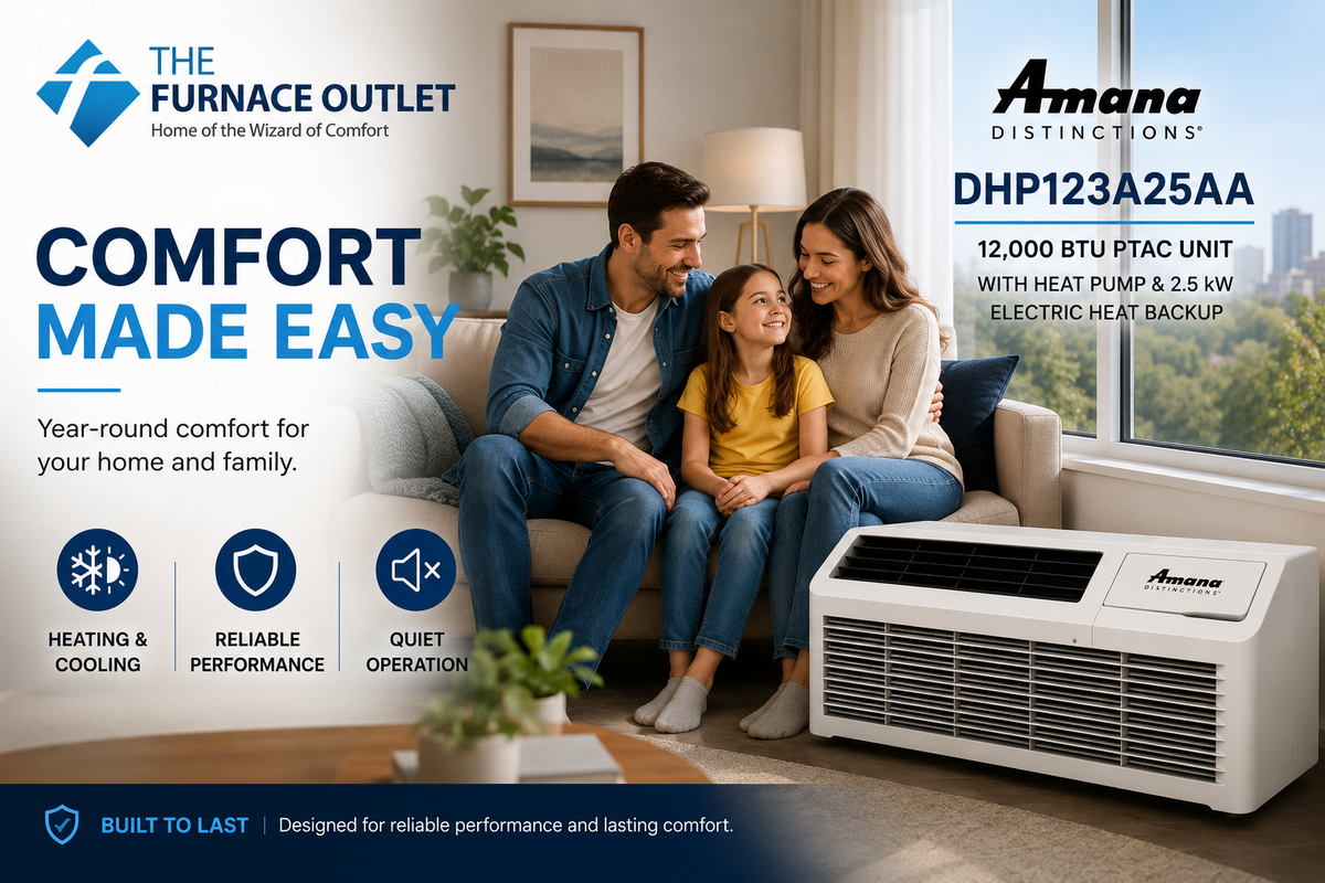 Amana Distinctions DHP123A25AA 12,000 BTU 208/230 Volt PTAC Unit with Heat Pump and 2.5 kW Electric Heat Backup for Year-Round Heating & Cooling