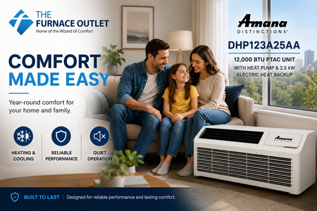 Amana Distinctions DHP123A25AA 12,000 BTU 208/230 Volt PTAC Unit with Heat Pump and 2.5 kW Electric Heat Backup for Year-Round Heating & Cooling