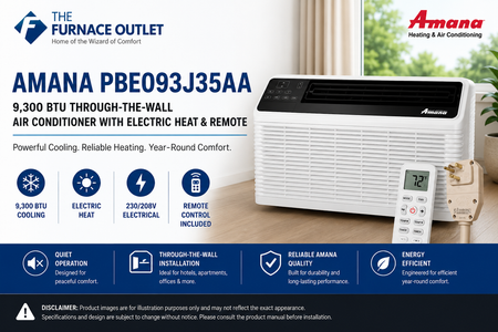 Amana PBE093J35AA 9,300 BTU 230/208V Through-the-Wall Air Conditioner with Electric Heat & Remote – Energy Efficient PTAC Heating and Cooling Unit
