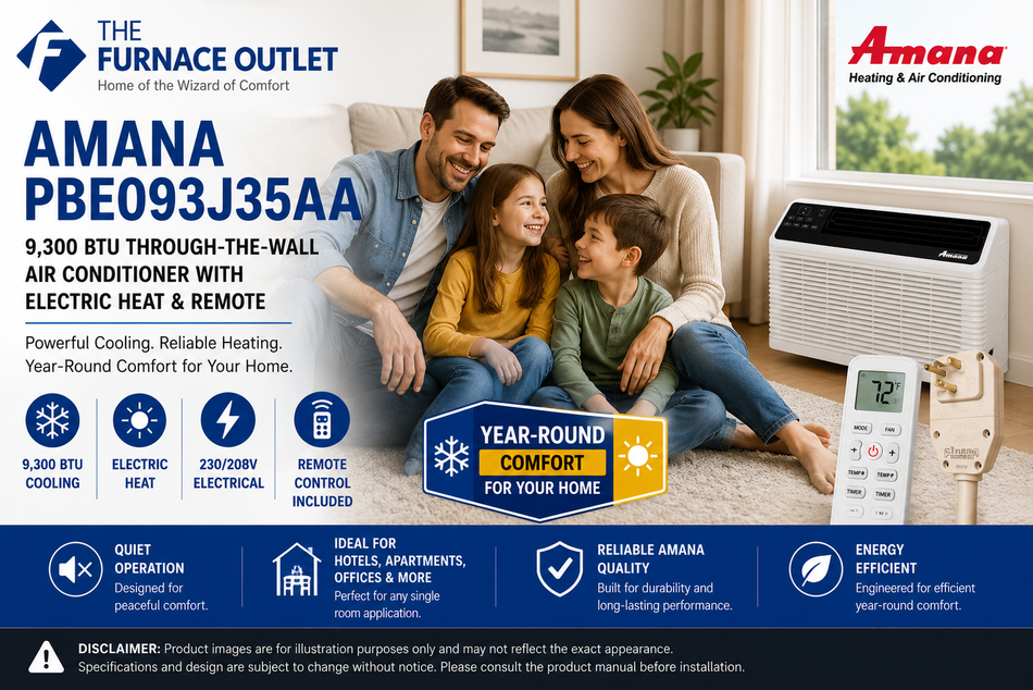 Amana PBE093J35AA 9,300 BTU 230/208V Through-the-Wall Air Conditioner with Electric Heat & Remote – Energy Efficient PTAC Heating and Cooling Unit