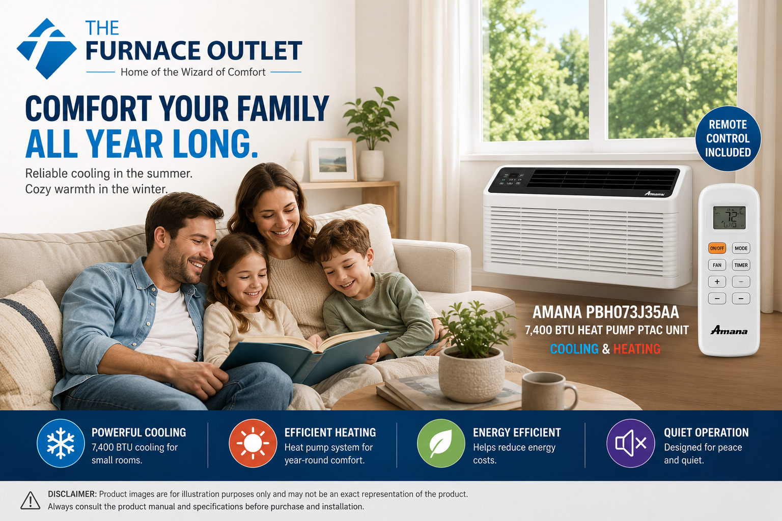 Amana PBH073J35AA 7400 BTU 208/230 Volt Through-the-Wall Heat Pump PTAC Air Conditioner with Remote Control for Heating & Cooling