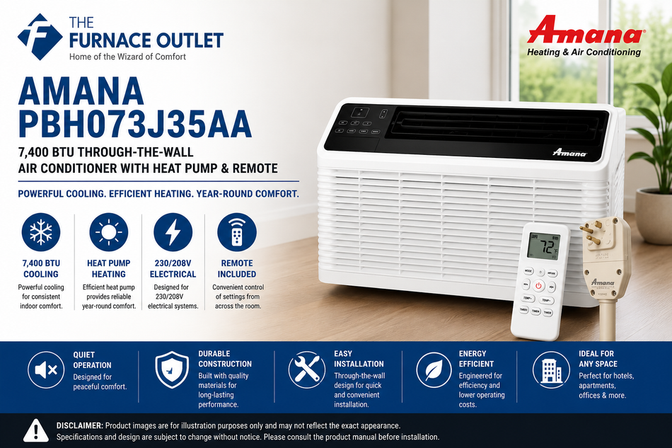 Amana PBH073J35AA 7,400 BTU 230/208V Through-the-Wall Air Conditioner with Heat Pump & Remote – Energy Efficient PTAC Heating and Cooling Unit