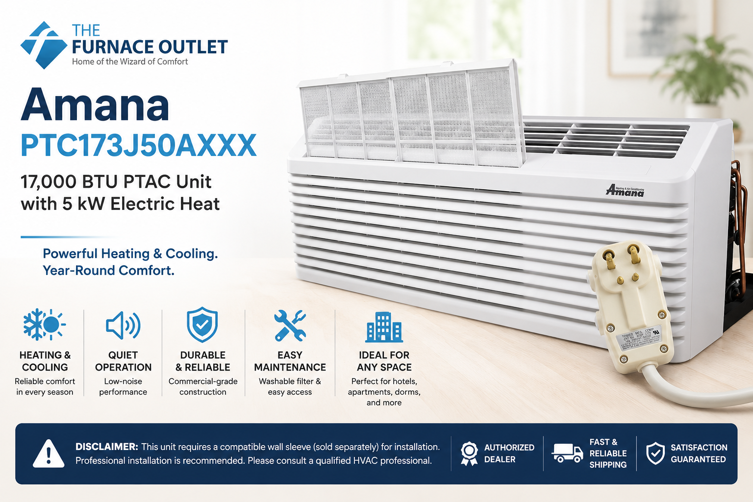 Amana PTC173J50AXXX 17000 BTU 208/230 Volt PTAC Unit with 5 kW Electric Heat Through-the-Wall Packaged Terminal Air Conditioner for Commercial & Residential Heating and Cooling