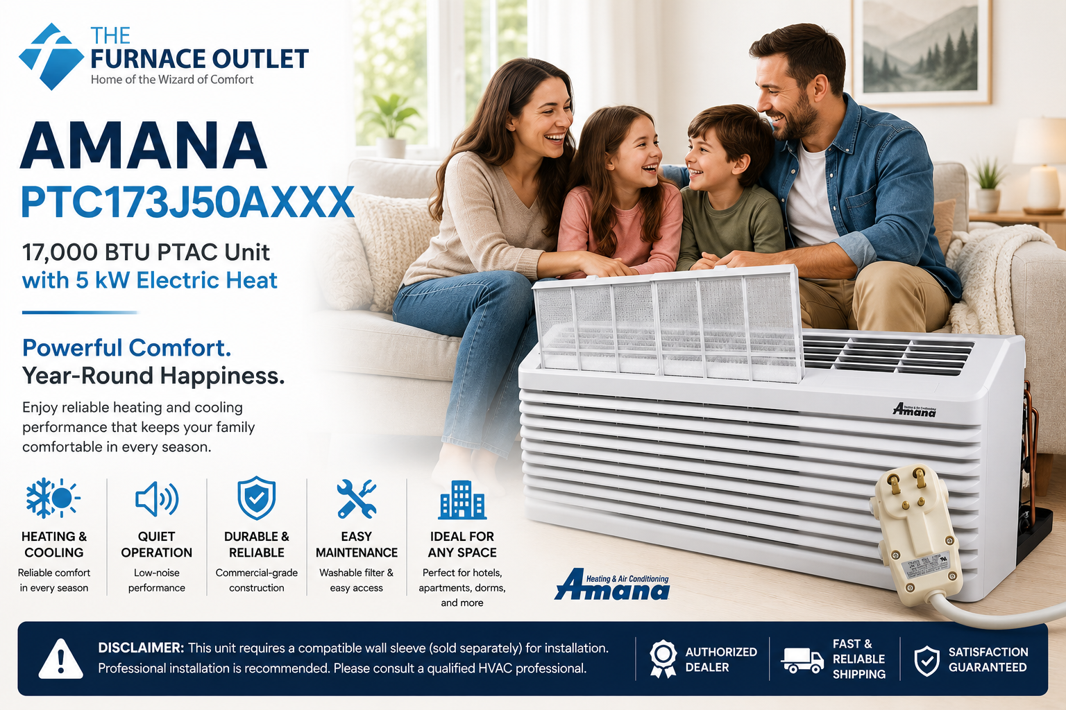 Amana PTC173J50AXXX 17000 BTU 208/230 Volt PTAC Unit with 5 kW Electric Heat Through-the-Wall Packaged Terminal Air Conditioner for Commercial & Residential Heating and Cooling