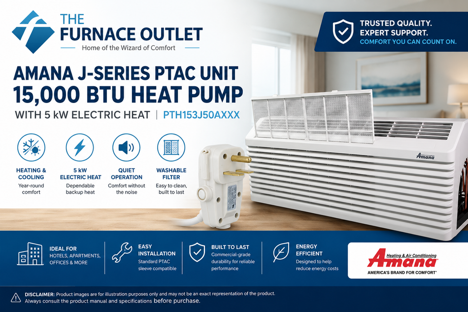 Amana PTH153J50AXXX 15000 BTU 208/230 Volt PTAC Unit with 5 kW Electric Heat Heat Pump Through-the-Wall Packaged Terminal Air Conditioner for Heating & Cooling