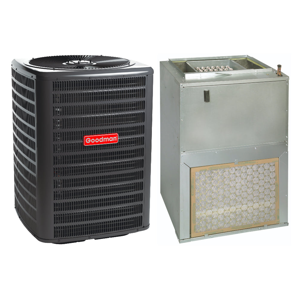 Goodman 3 Ton 15.2 SEER2 System: 3 Ton 14.4 SEER2 R32 AC Condenser (GLXS4MA3610), 3.5 Ton Vertical A Coil with TXV (CAPTA4230C3), 96% AFUE Furnace (GRVT961005CN)