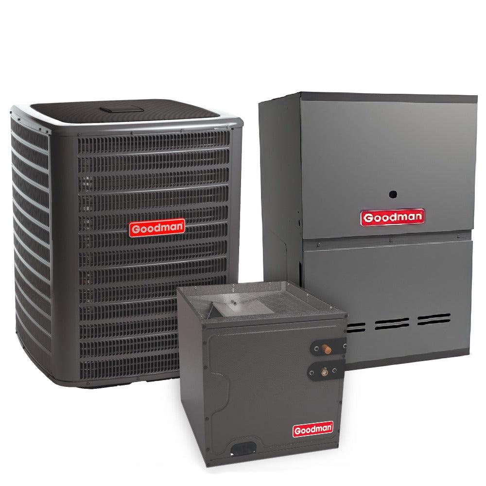 Goodman 3 Ton 14.5 SEER2 System: R32 Air Conditioner Condenser model GLXS4BA3610, Vertical coil CAPTA3626B3, 80% AFUE 80,000 BTU Natural Gas Furnace model GD9S800804BN