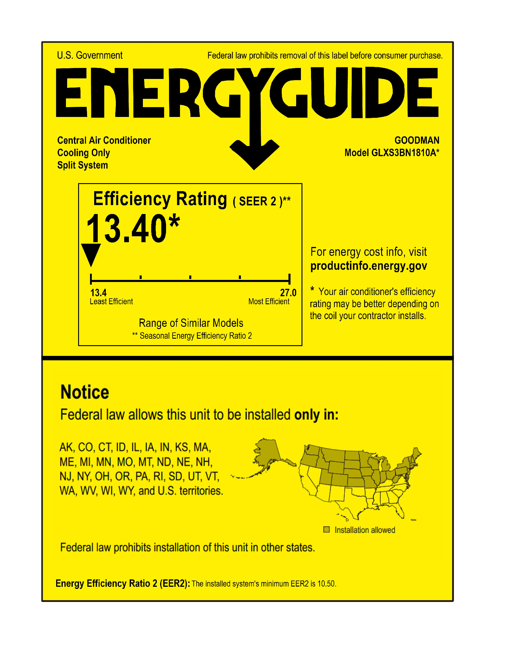 Goodman 1.5 Ton 14 SEER2 Northeast System: Condenser Model GLXS3BN1810, Air Handler Model: AMST24BU1300