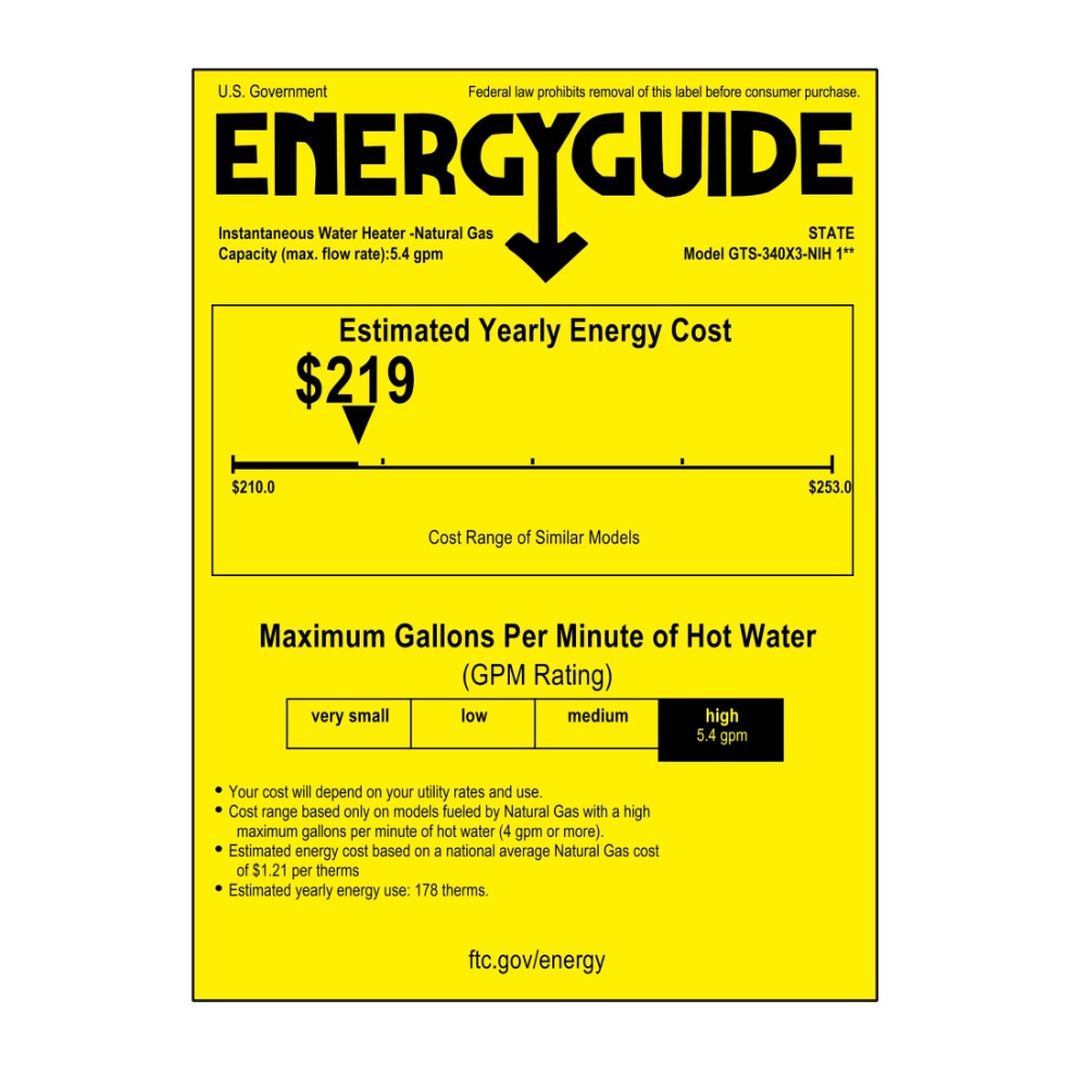 State 180,000 BTU Condensing Gas Tankless Water Heater - Energy Guide Label