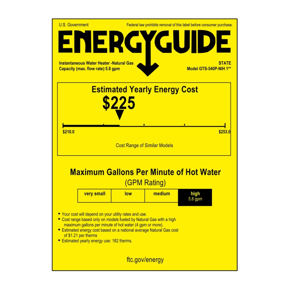 State 199,000 BTU Condensing Gas Tankless Water Heater with Recirculation Pump - Energy Guide Label