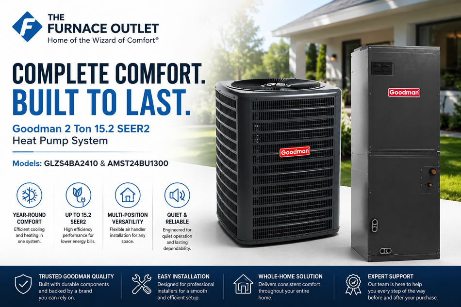 Goodman 2 Ton 15.2 SEER2 Multi-Position Heat Pump System with GLZS4BA2410 Condenser & AMST24BU1300 Air Handler – Energy-Efficient Year-Round Home Comfort