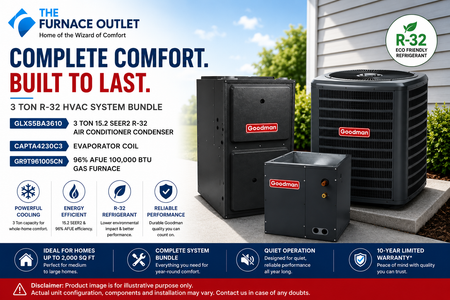 Goodman 3 Ton 15.2 SEER2 R-32 Air Conditioner Condenser GLXS5BA3610 208/230 Volts with CAPTA4230C3 Evaporator Coil & GR9T961005CN 96% AFUE 100,000 BTU Gas Furnace System Bundle