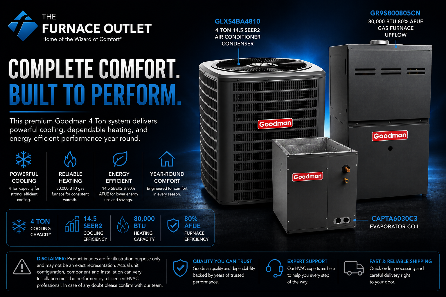 Goodman 4 Ton 14.5 SEER2 208/230 Volt 80,000 BTU 80% AFUE Upflow Air Conditioner System with GLXS4BA4810 Condenser, CAPTA6030C3 Evaporator Coil & GR9S800805CN Gas Furnace
