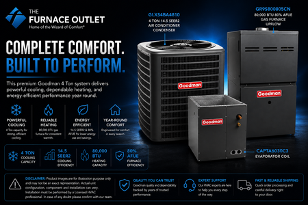 Goodman 4 Ton 14.5 SEER2 208/230 Volt 80,000 BTU 80% AFUE Upflow Air Conditioner System with GLXS4BA4810 Condenser, CAPTA6030C3 Evaporator Coil & GR9S800805CN Gas Furnace