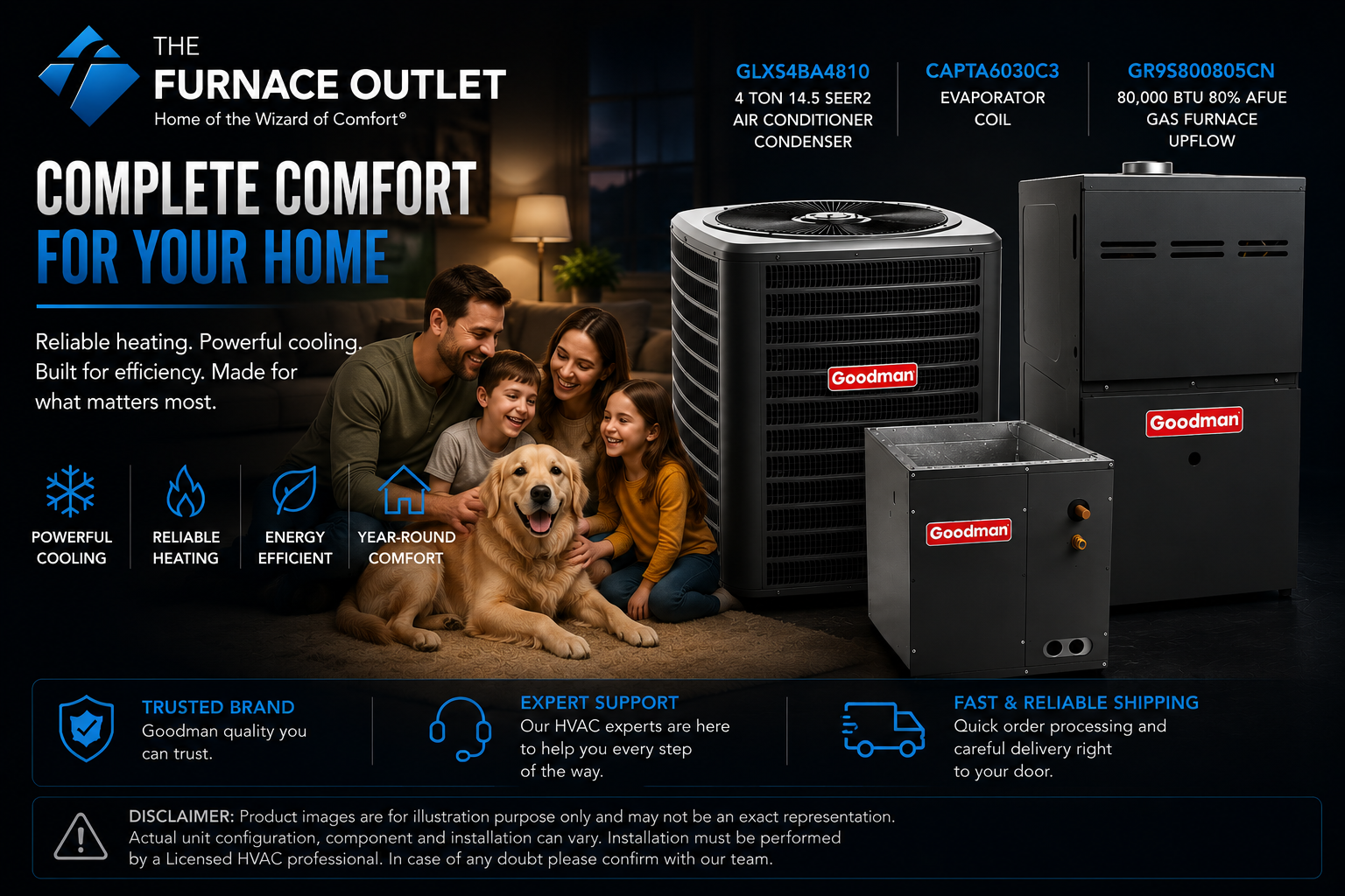 Goodman 4 Ton 14.5 SEER2 208/230 Volt 80,000 BTU 80% AFUE Upflow Air Conditioner System with GLXS4BA4810 Condenser, CAPTA6030C3 Evaporator Coil & GR9S800805CN Gas Furnace