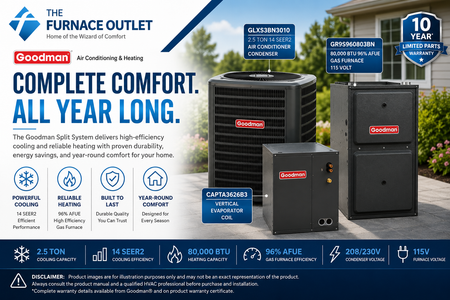 Goodman GLXS3BN3010 2.5 Ton 14 SEER2 208/230 Volt Central Air Conditioner Condenser with CAPTA3626B3 Vertical Coil and GR9S960803BN 80,000 BTU 115 Volt 96% AFUE Gas Furnace Split System for Residential Heating & Cooling