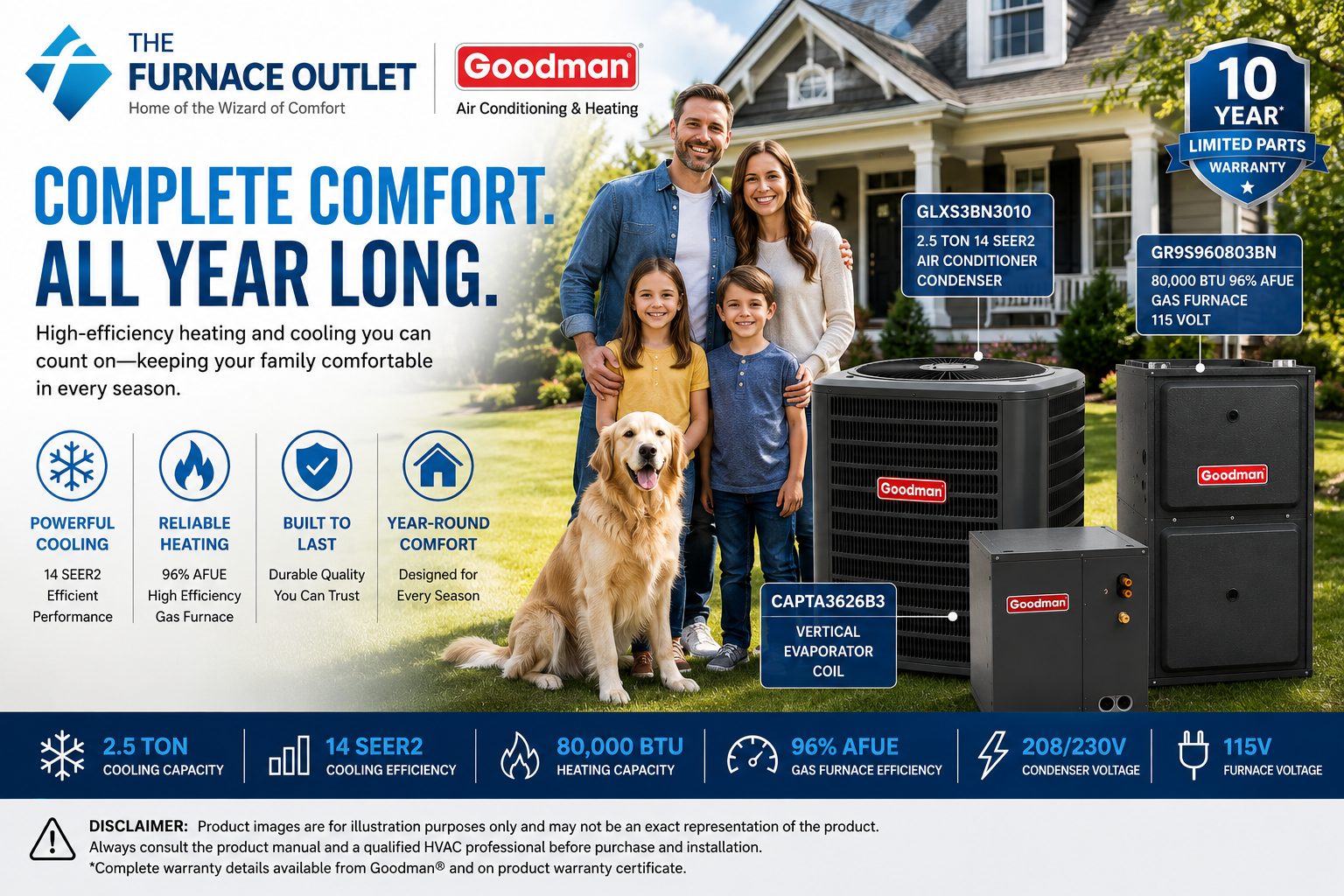 Goodman GLXS3BN3010 2.5 Ton 14 SEER2 208/230 Volt Central Air Conditioner Condenser with CAPTA3626B3 Vertical Coil and GR9S960803BN 80,000 BTU 115 Volt 96% AFUE Gas Furnace Split System for Residential Heating & Cooling