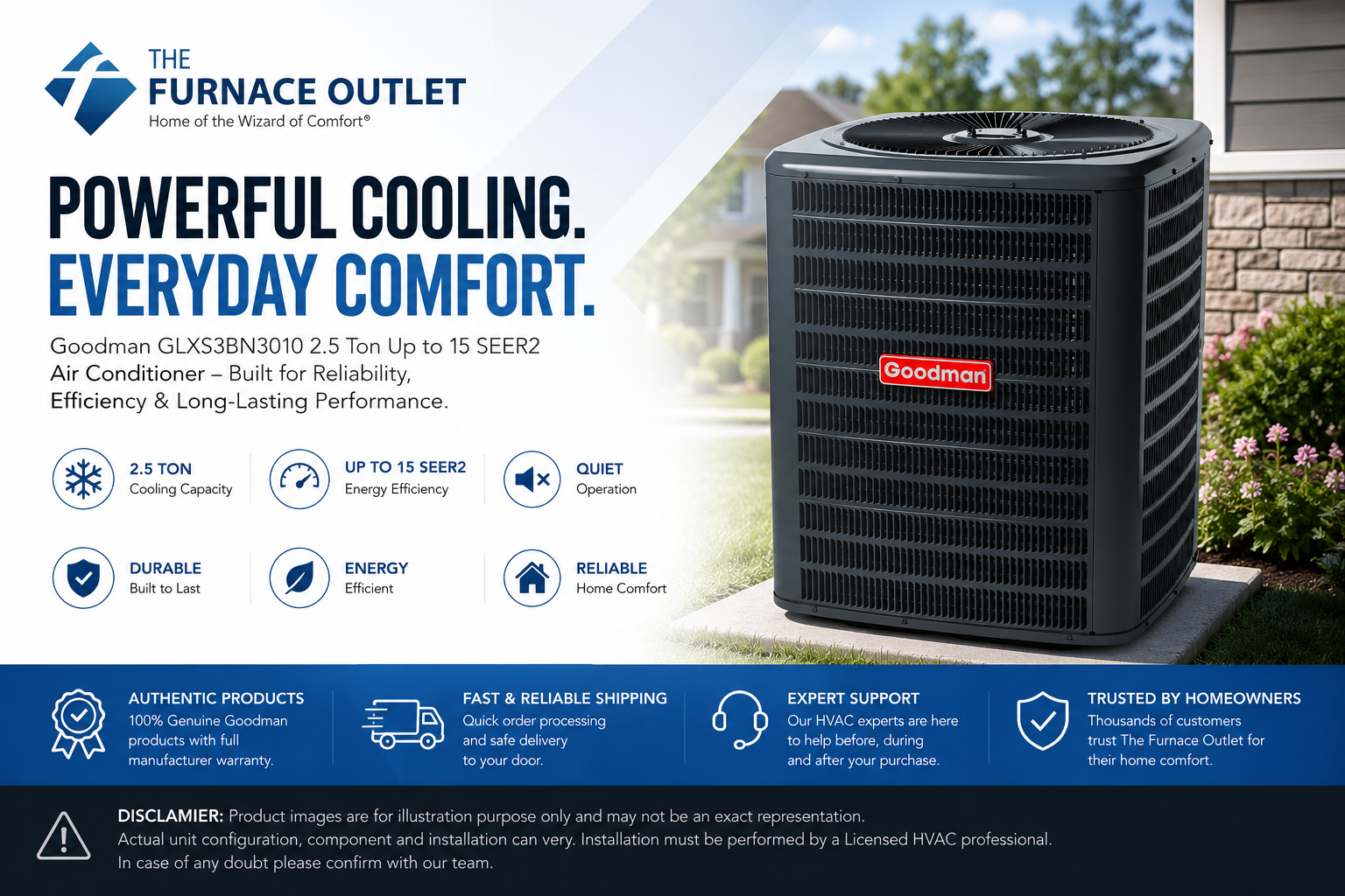 Goodman GLXS3BN3010 2.5 Ton Up to 15 SEER2 208/230 Volt Central Air Conditioner Condenser for Energy-Efficient Residential Cooling