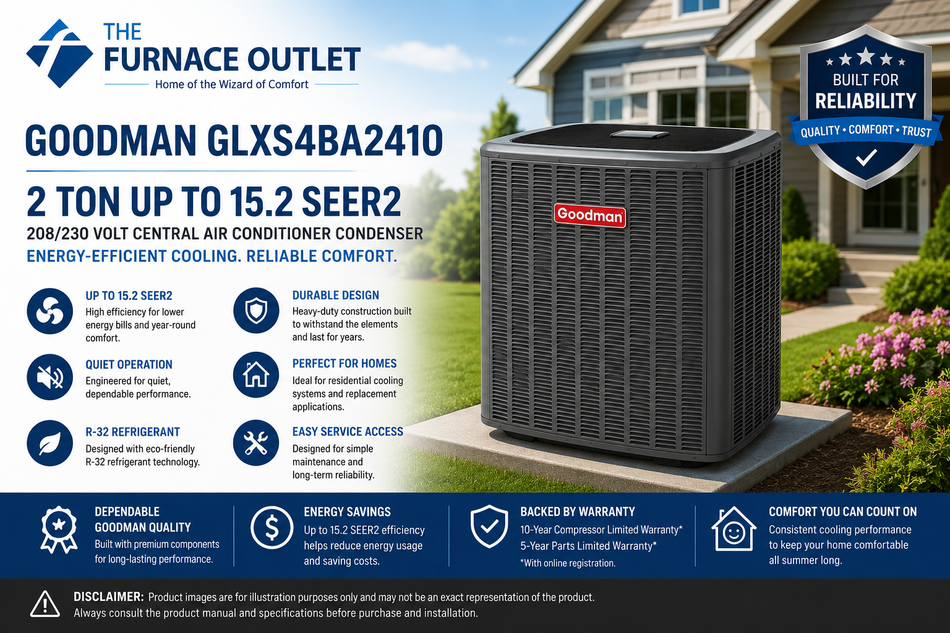 Goodman GLXS4BA6010 5 Ton Up to 15.2 SEER2 208/230 Volt Central Air Conditioner Condenser for Energy-Efficient Residential Cooling