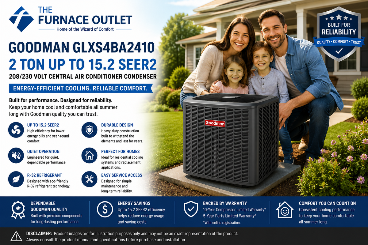 Goodman GLXS4BA2410 2 Ton Up to 15.2 SEER2 208/230 Volt Central Air Conditioner Condenser for Energy-Efficient Residential Cooling