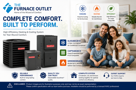 Goodman GLXS4BA3610 36000 BTU 208/230V 3 Ton 15.2 SEER2 Air Conditioner Condenser with CAPTA3626C3 Cased Coil and GR9S960804CN 80,000 BTU 96% AFUE Upflow Gas Furnace System