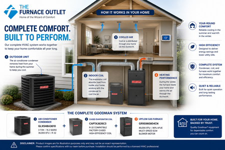 Goodman GLXS4BA3610 36000 BTU 208/230V 3 Ton 15.2 SEER2 Air Conditioner Condenser with CAPTA3626C3 Cased Coil and GR9S960804CN 80,000 BTU 96% AFUE Upflow Gas Furnace System