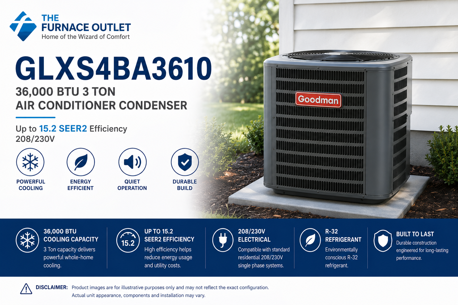 Goodman GLXS4BA3610 36000 BTU 208/230V 3 Ton Up to 15.2 SEER2 Air Conditioner Condenser