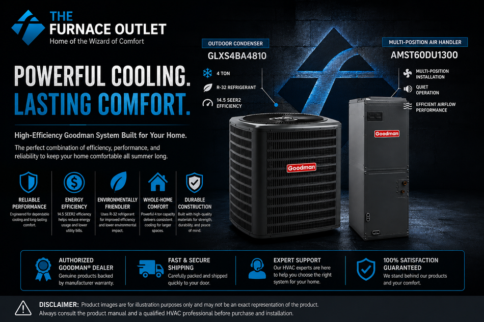 Goodman GLXS4BA4810 4 Ton 14.5 SEER2 R-32 208/230 Volt Central Air Conditioner Condenser with AMST60DU1300 Multi-Position Air Handler System for Residential Cooling Comfort