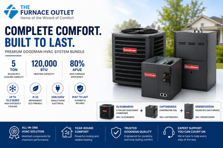 Goodman GLXS4BA6010 60000 BTU 208/230V 5 Ton Up to 15.2 SEER2 Air Conditioner Condenser with CAPTA6030D3 Evaporator Coil & GR9S801205DN 120,000 BTU 80% AFUE Gas Furnace System Bundle