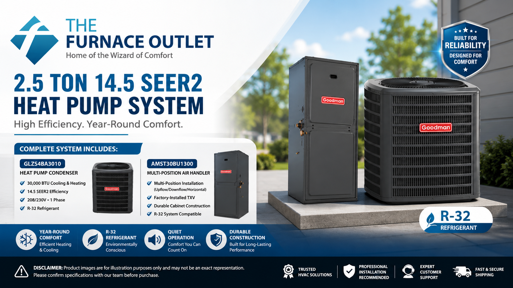 Goodman GLZS4BA3010 30000 BTU 208/230V 2.5 Ton 14.5 SEER2 Heat Pump Condenser with AMST30BU1300 Multi-Position Air Handler System