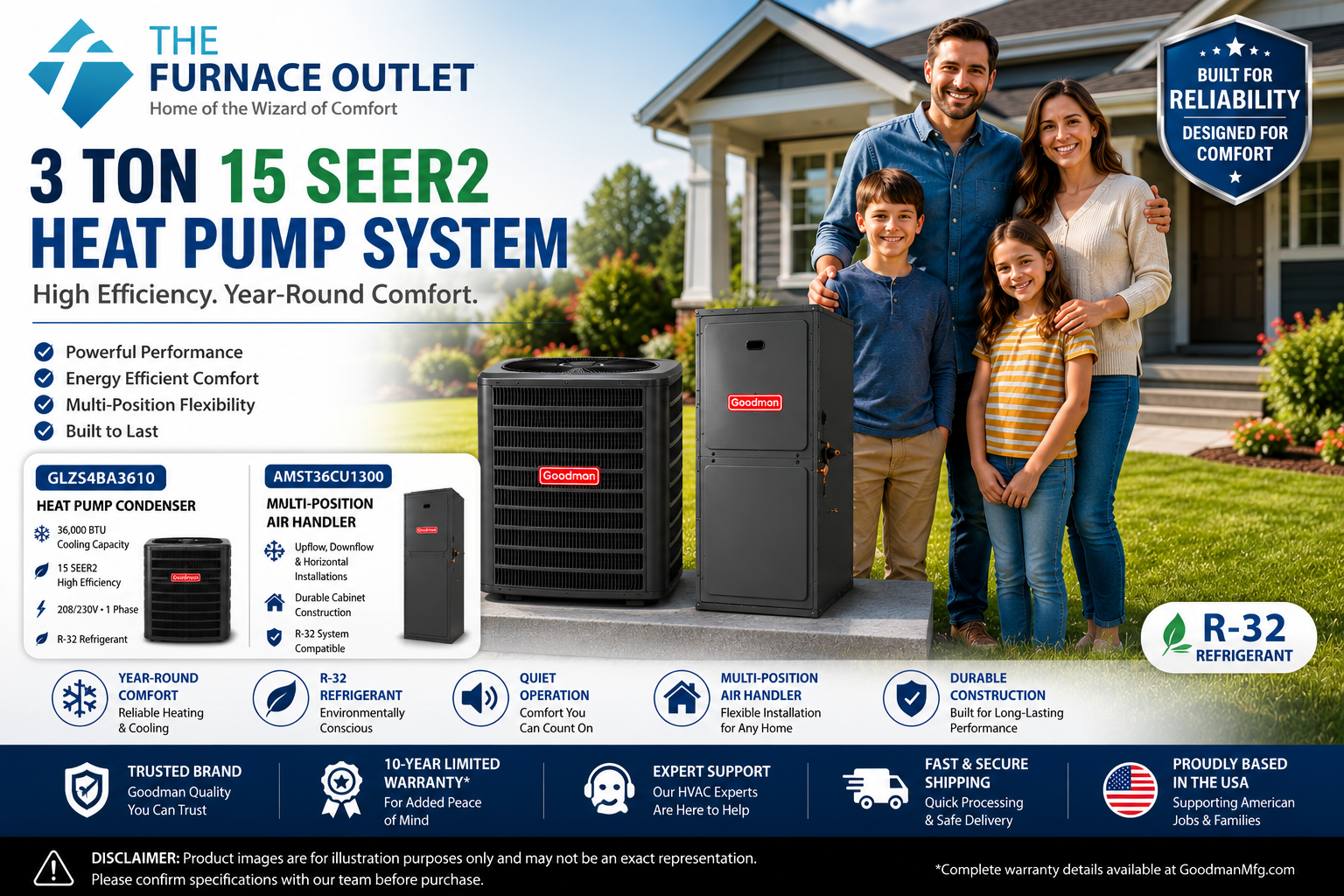 Goodman GLZS4BA3610 36000 BTU 208/230V 3 Ton 15 SEER2 Heat Pump System with AMST36CU1300 Multi-Position Air Handler