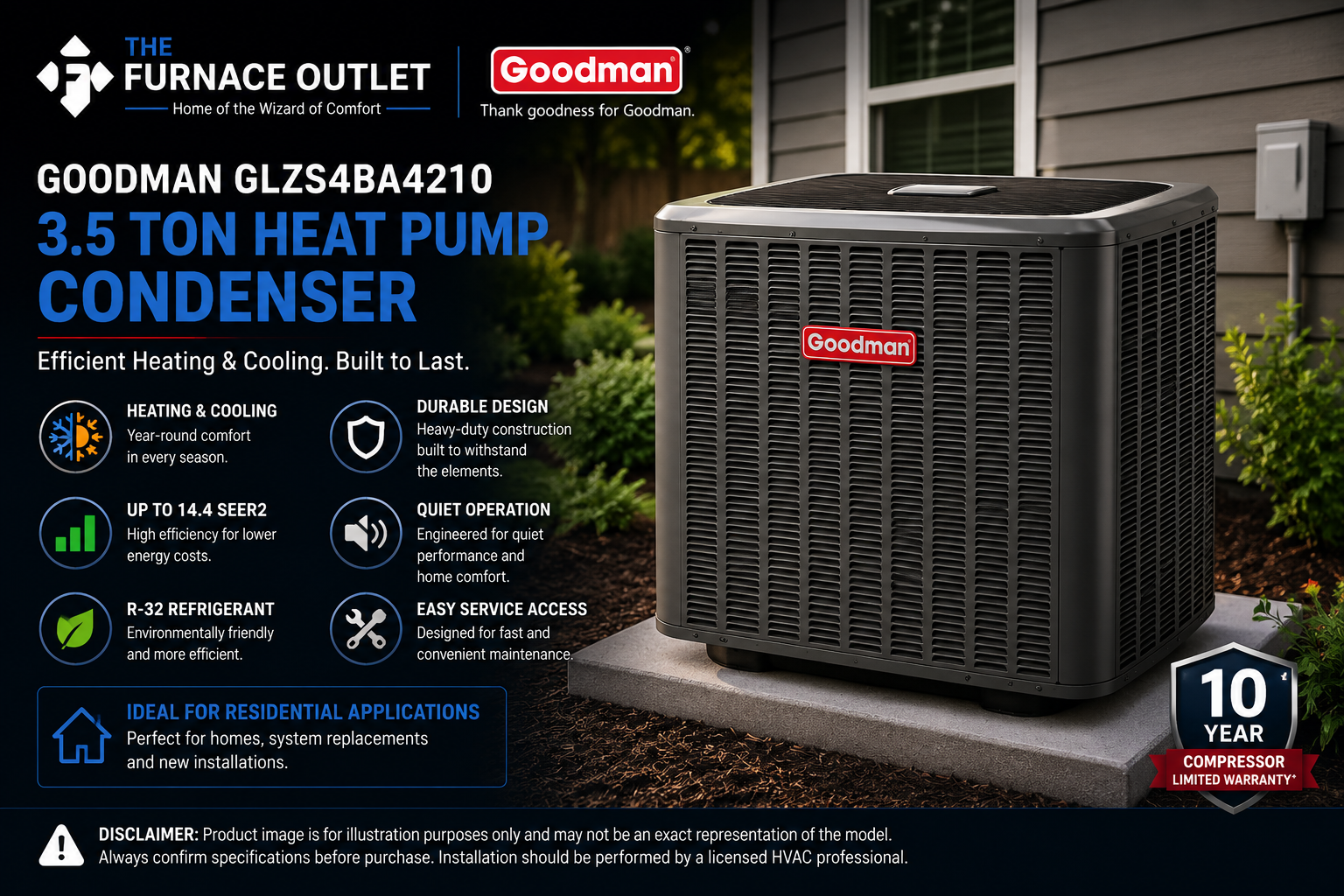 Goodman GLZS4BA4210 3.5 Ton Up to 14.4 SEER2 208/230 Volt Heat Pump Condenser for Energy-Efficient Residential Heating & Cooling