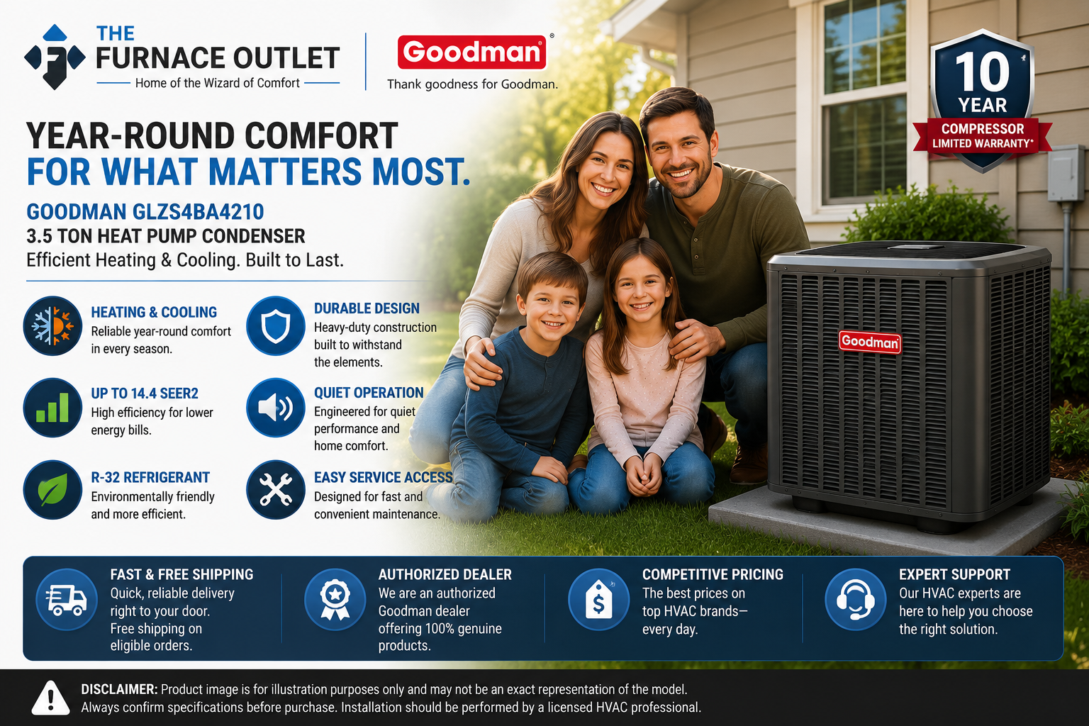 Goodman GLZS4BA4210 3.5 Ton Up to 14.4 SEER2 208/230 Volt Heat Pump Condenser for Energy-Efficient Residential Heating & Cooling