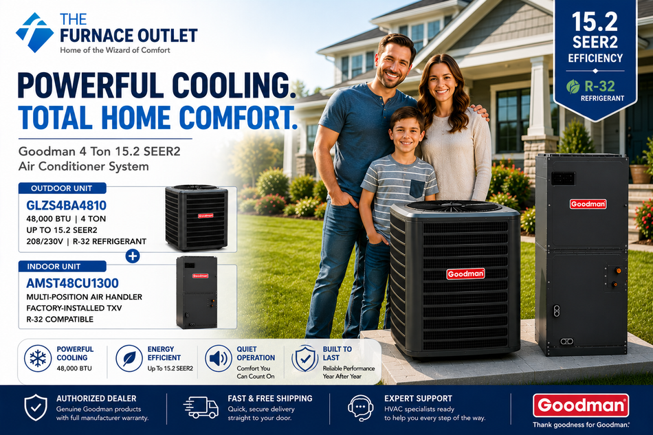 Goodman GLZS4BA4810 48000 BTU 208/230V 4 Ton 15.2 SEER2 Air Conditioner Condenser with AMST48CU1300 Multi-Position Air Handler System